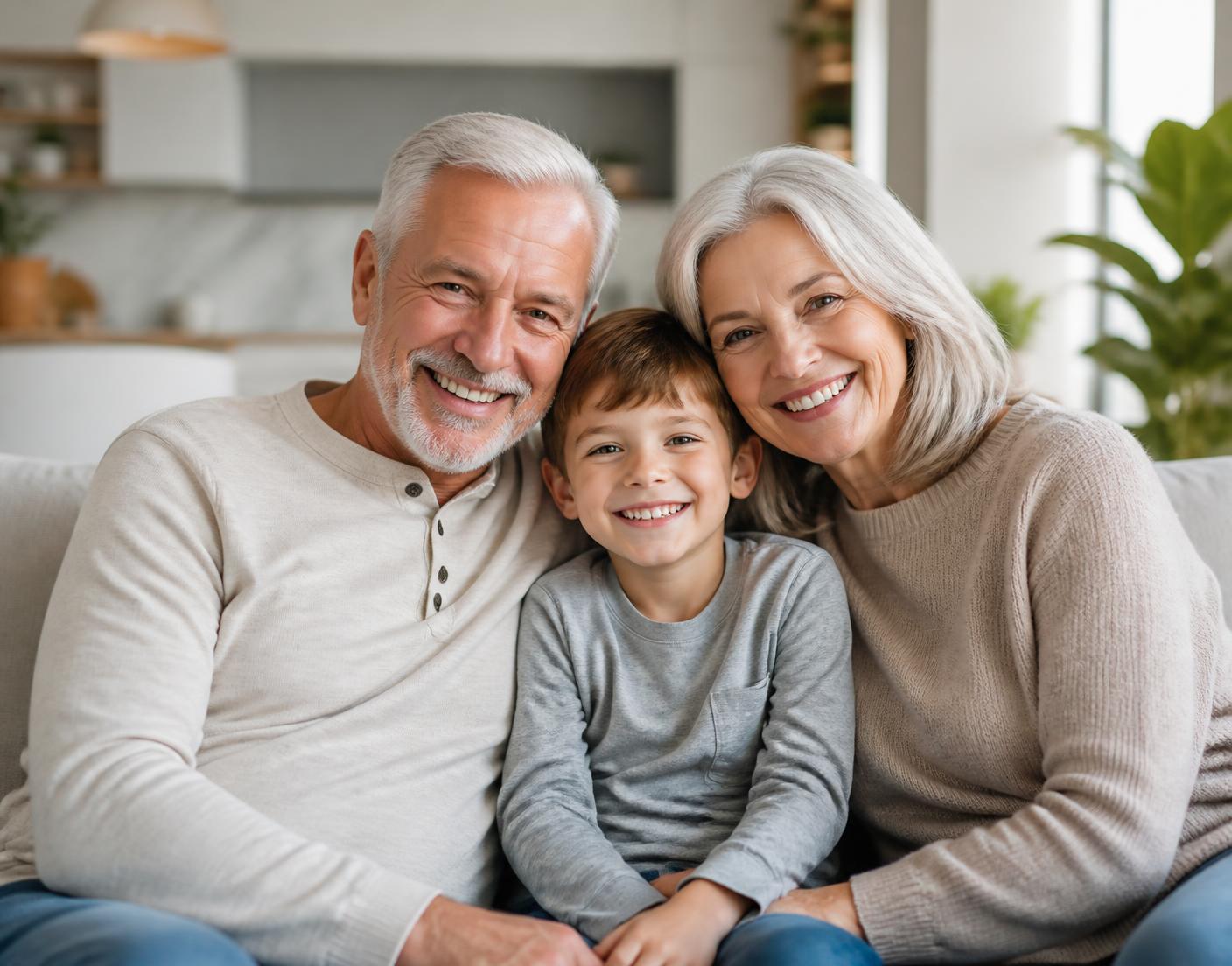 Grandparents and their grandson smiling together at home